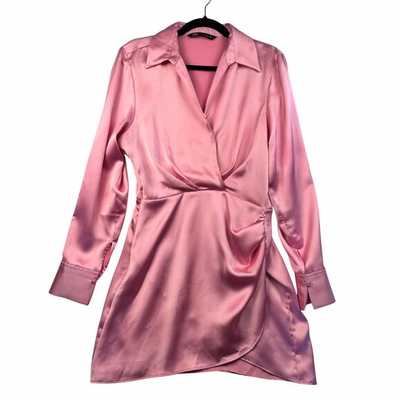 Zara Pink Satin Wrap Mini Dress Sz S Long Sleeves Collared V-Neckline Feminine - Picture 4 of 14